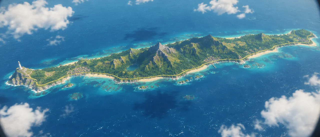 The Long Isle dari udara: pulau panjang hijau, jalan pantai menyusuri tepinya, mercusuar di ujung kiri