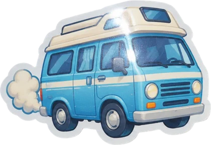 Stiker: van biru kartun mengepulkan asap